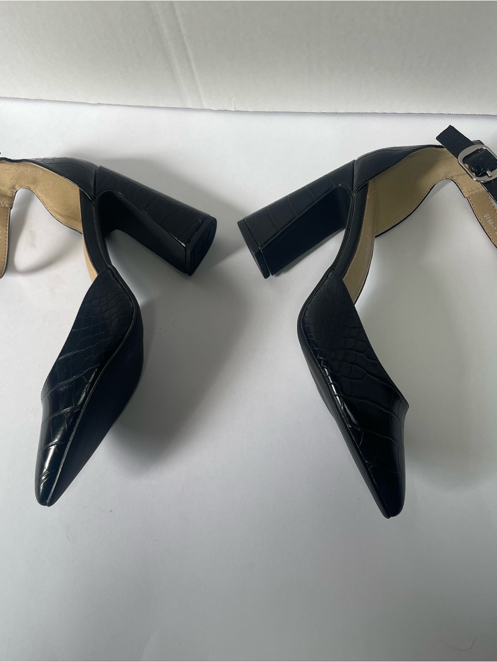 Black Croc-Embossed Ankle-Strap Pointed-Toe Heels - Picture 5 of 8